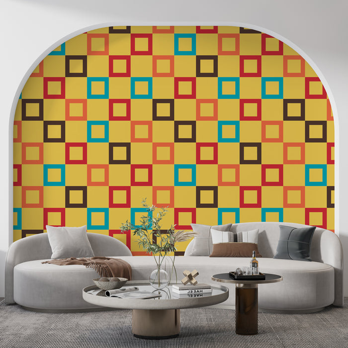 Papier peint géométrique carré | Motifs colorés sur fond jaune