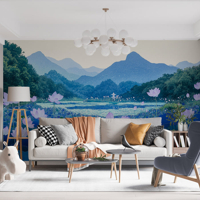 Papier peint lotus | Paysage serein de fleurs et montagnes