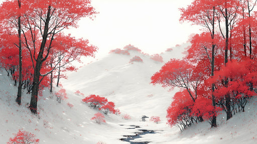 Papier peint paysage hivernal Forêt enneigée avec arbres rouges