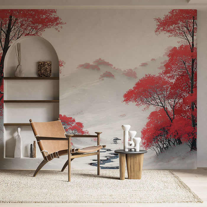 Papier peint paysage hivernal | Forêt enneigée avec arbres rouges