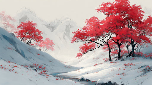 Papier peint paysage montagne Arbres rouges en hiver