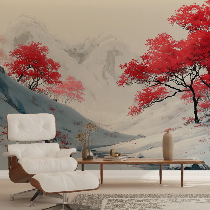 Papier peint paysage montagne | Arbres rouges en hiver