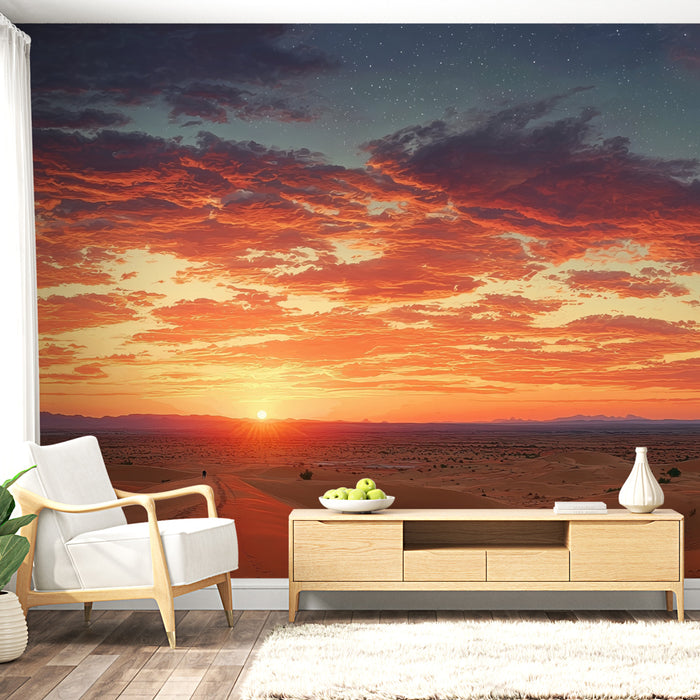 Papier peint désert au coucher du soleil | Paysage de dunes et ciel rougeoyant