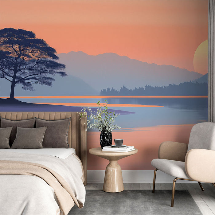 Papier peint paysage | Arbre solitaire au coucher de soleil