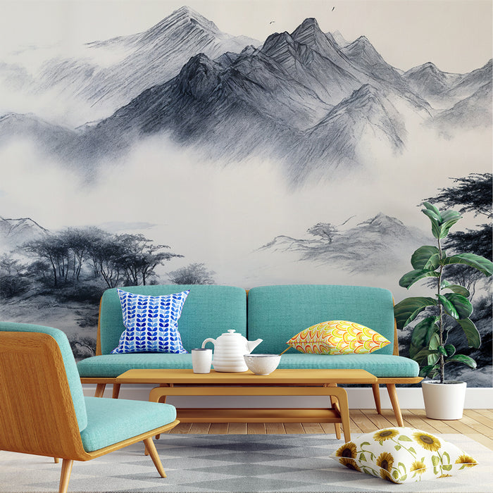 Papier peint paysage montagnard | Art traditionnel au fusain
