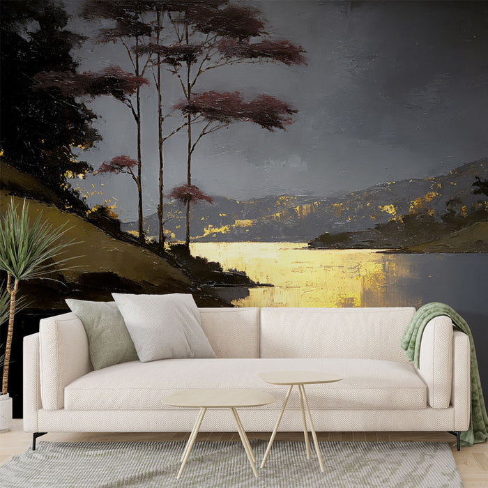 Papier peint paysage lumineux | Scène de lac au coucher du soleil