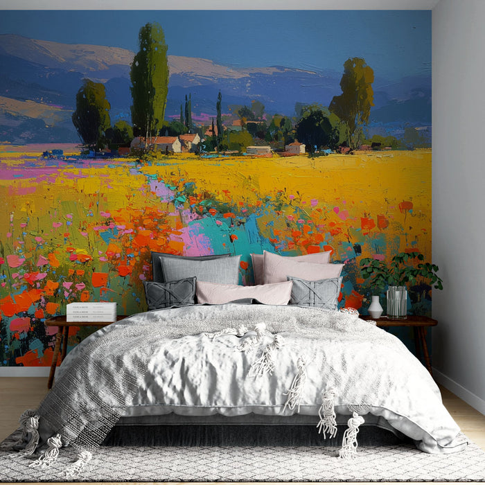 Papier peint champ fleuri | Paysage coloré et vibrant