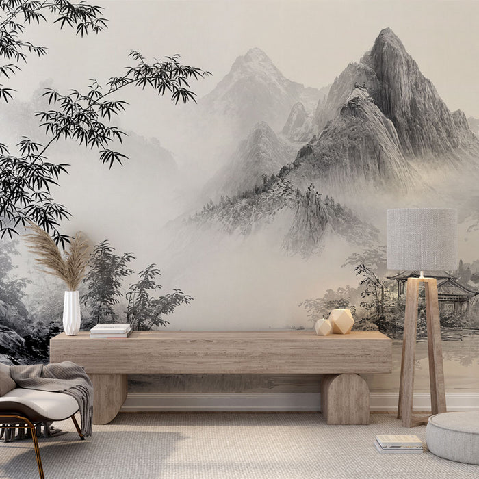 Papier peint paysage traditionnel | Montagnes et bambous