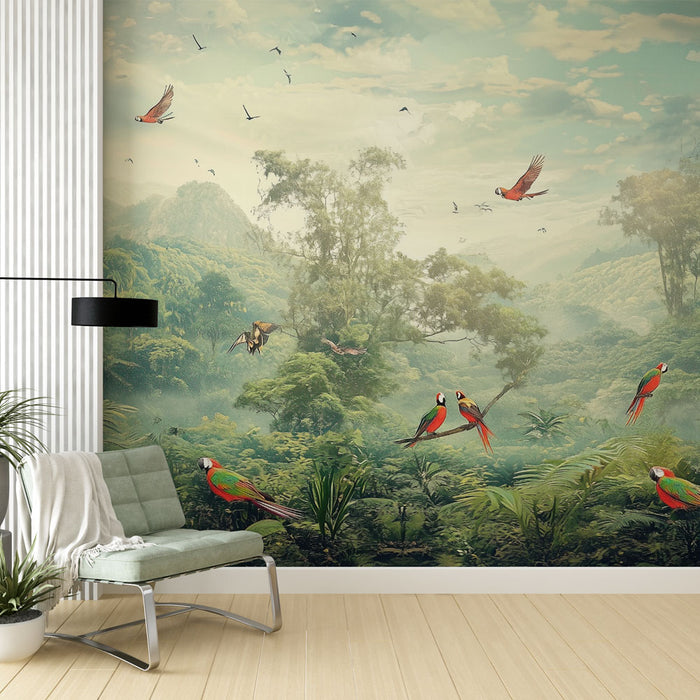 Papier peint jungle | Paysage tropical avec perroquets