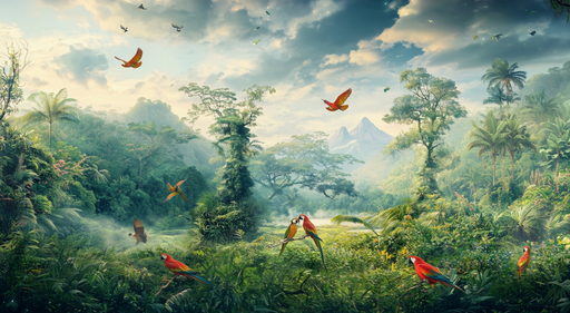 Papier peint tropical Forêt luxuriante et oiseaux exotiques