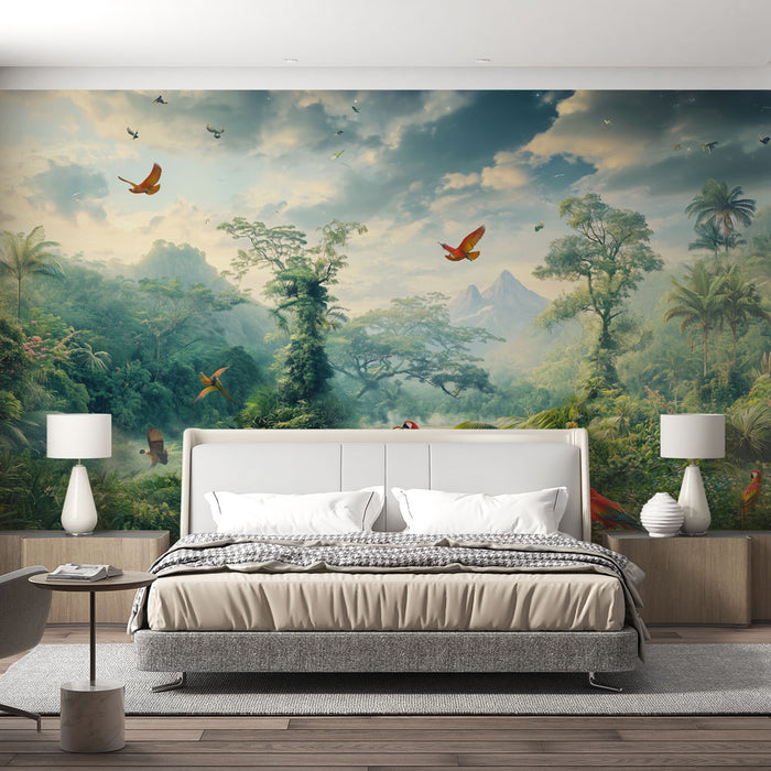 Papier peint tropical | Forêt luxuriante et oiseaux exotiques