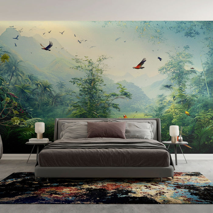 Papier peint tropical | Forêt avec perroquets multicolores