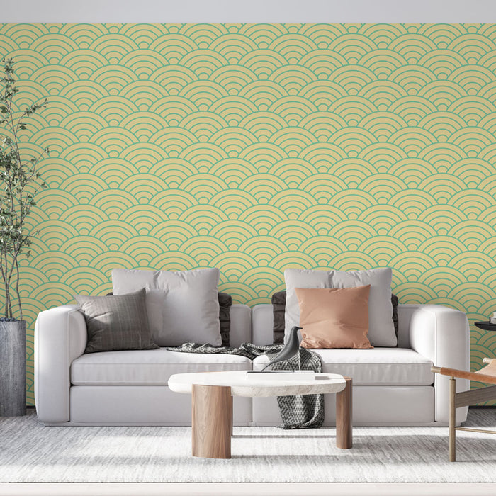 Papier peint motifs japonais | Design géométrique ondulé vert et jaune