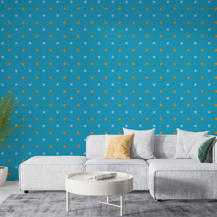 Papier peint étoiles | Motif étoilé multicolore sur fond bleu