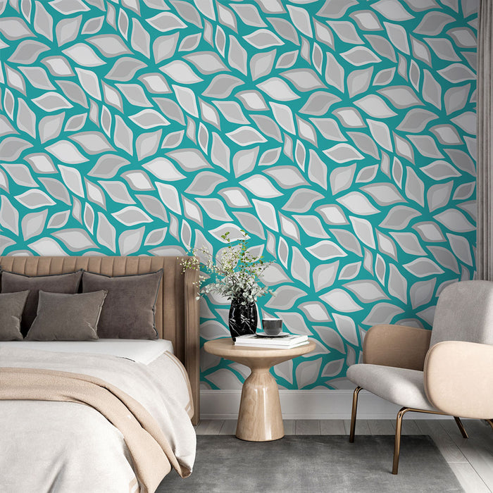 Papier peint feuillage | Motif turquoise et gris