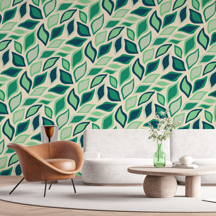 Papier peint feuillage | Motif vert et bleu