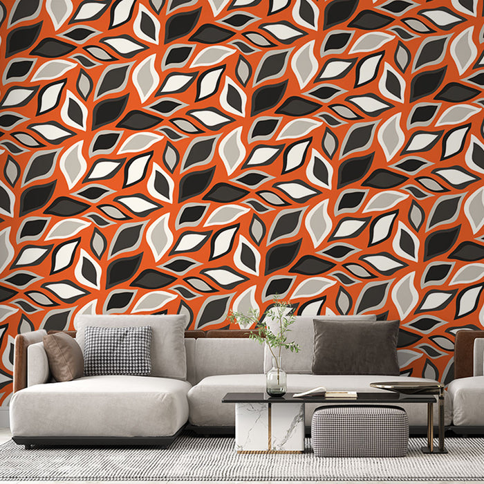 Papier peint moderne | Motif de feuilles orange et noir