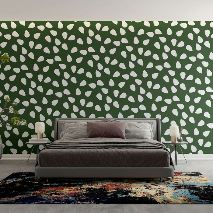 Papier peint motifs abstraits | Fond vert et motifs blancs