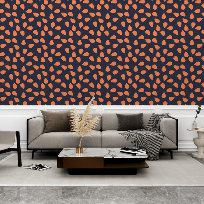 Papier peint moderne noir avec motifs de feuilles orange pour salon élégant