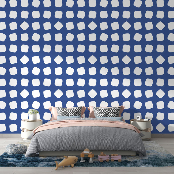 Papier peint bleu avec motifs géométriques blancs pour chambre moderne