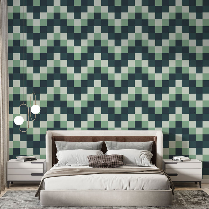 Papier peint damier moderne | Motif géométrique en noir et vert clair