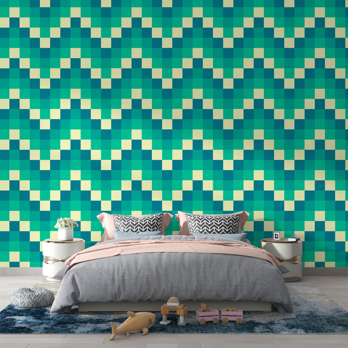 Papier peint zigzag | Motif géométrique turquoise et crème