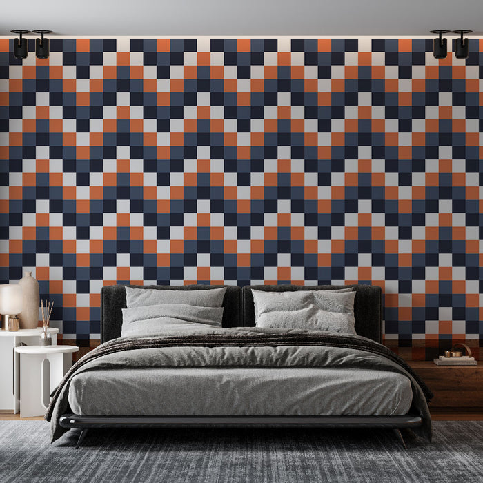 Papier peint géométrique | Motif zigzag orange et bleu marine