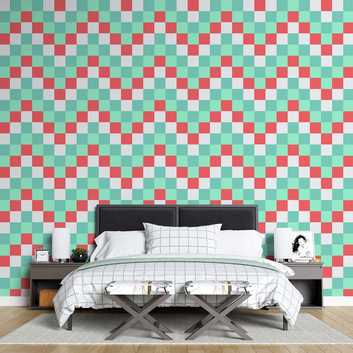 Papier peint motifs chevrons | Rouge et vert