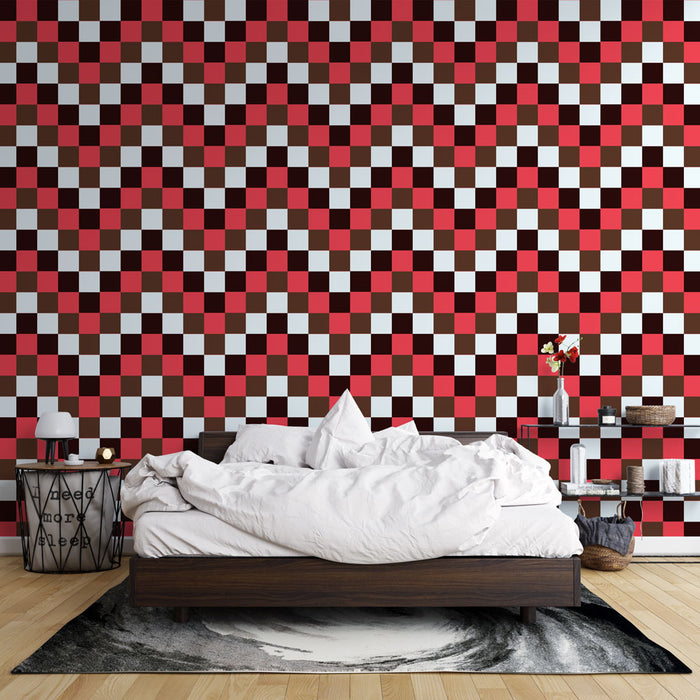 Papier peint à carreaux | Motif géométrique rouge et marron