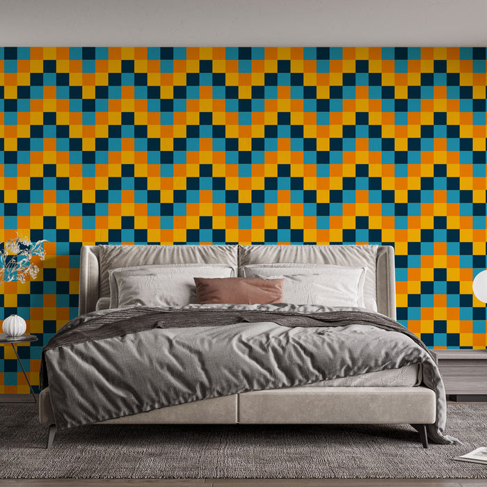 Papier peint géométrique | Motif zigzag orange et bleu