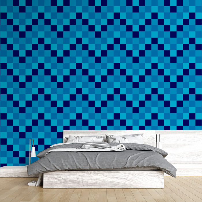 Papier peint géométrique | Motif damier bleu