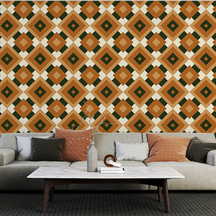 Papier peint rétro avec motifs géométriques marron et vert pour salon moderne