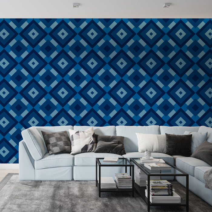 Papier peint bleu avec motifs géométriques en losange pour salon moderne