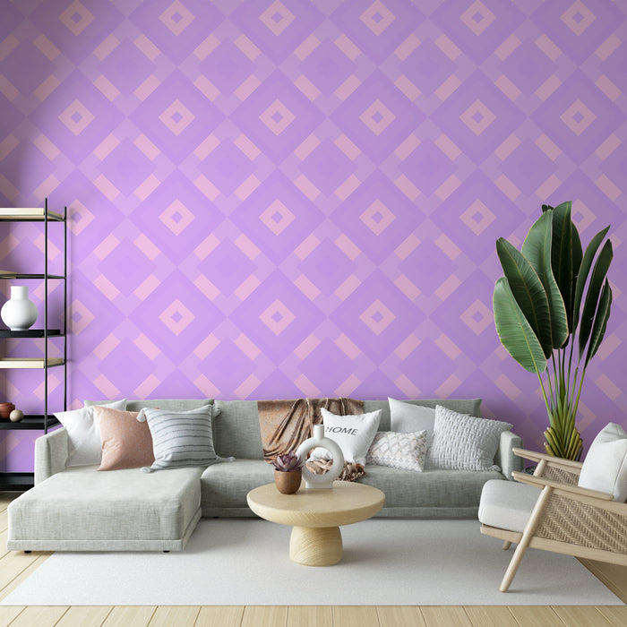 Papier peint violet avec motifs géométriques carrés pour salon moderne