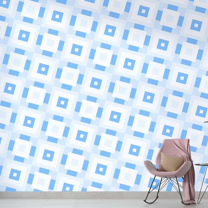 Papier peint bleu et blanc avec motifs géométriques carrés pour salon moderne