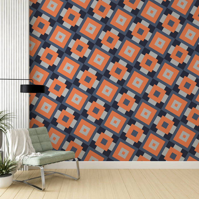 Papier peint géométrique | Motif carré orange et bleu