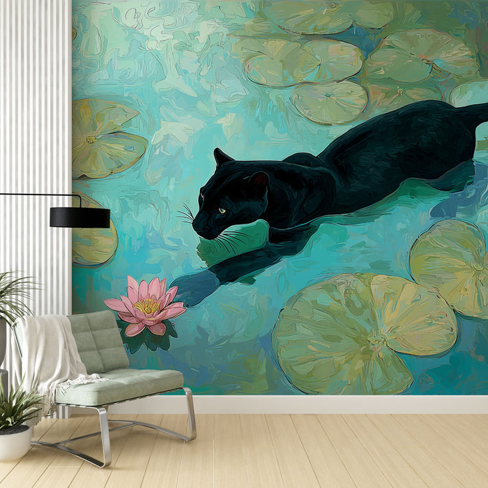 Papier peint félin aquatique | Panther dans nénuphars