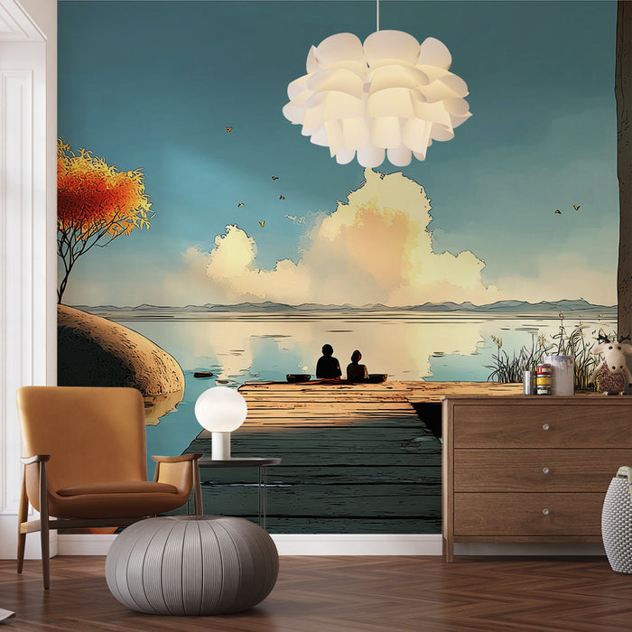 Papier peint paysage lacustre | Scène paisible au bord de l'eau