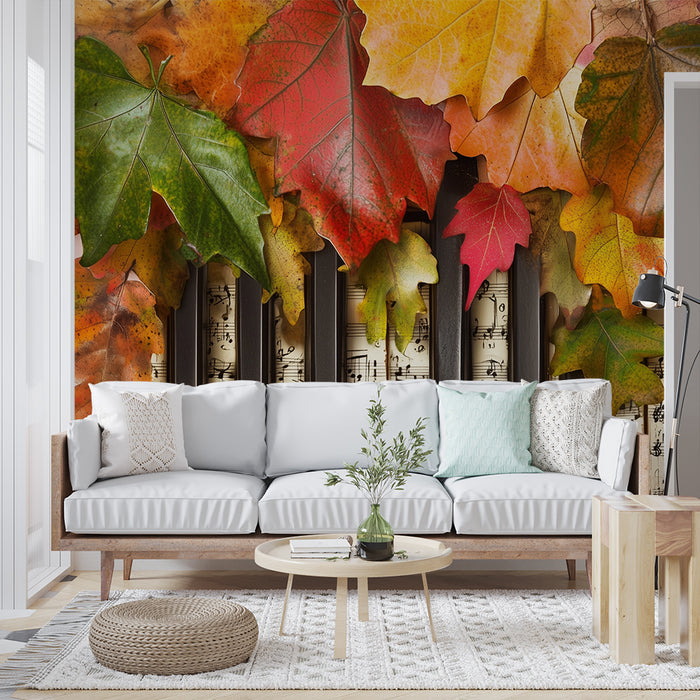 Papier peint automnal mélodieux | Feuilles colorées et touches musicales