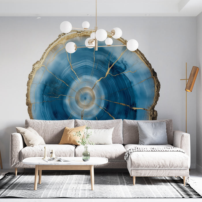 Papier peint rond tranche bois bleu | Élégance naturelle
