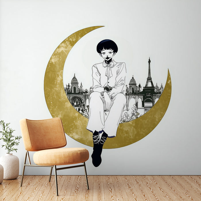 Papier peint lune dorée | Illustration élégante d'un personnage