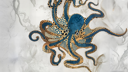 Papier peint poulpe artistique Design marin doré et bleu
