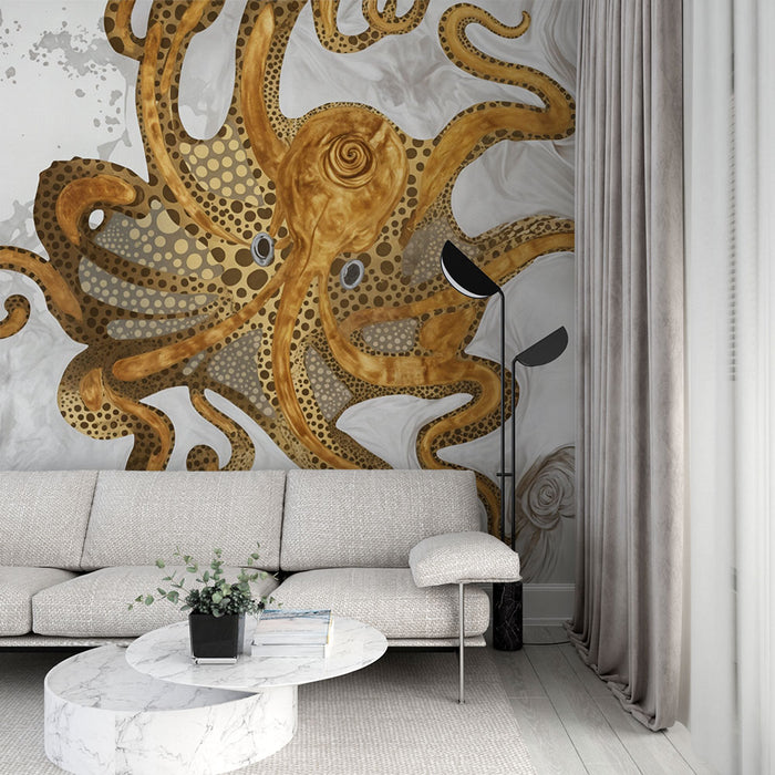 Papier peint poulpe artistique | Design marin doré