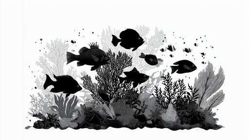 Papier peint océanique Poissons et Coraux en Noir et Blanc