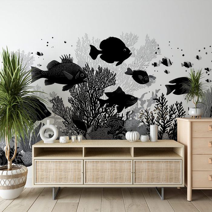 Papier peint océanique | Poissons et Coraux en Noir et Blanc