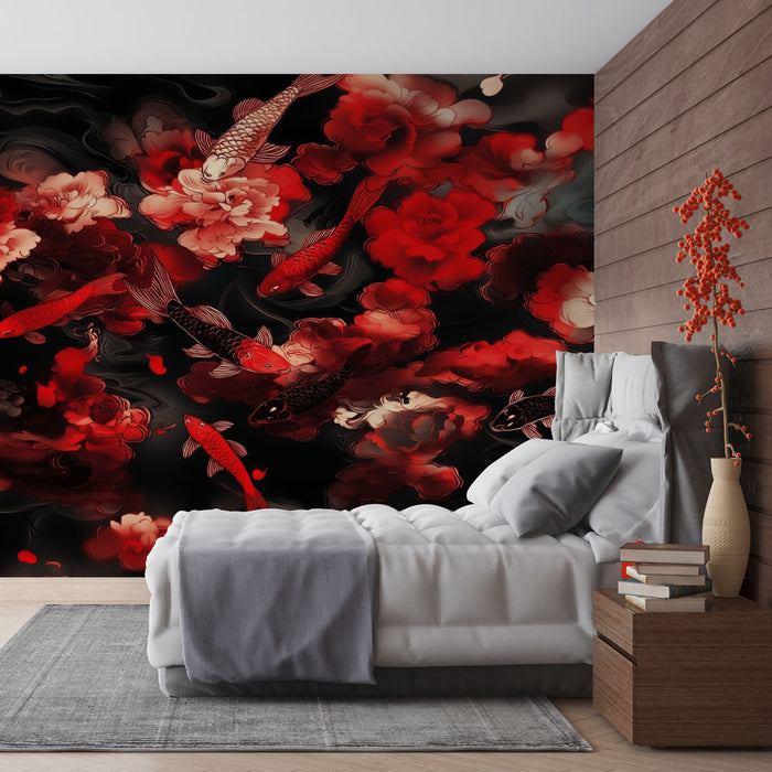 Papier peint carpes et fleurs | Design rouge et noir