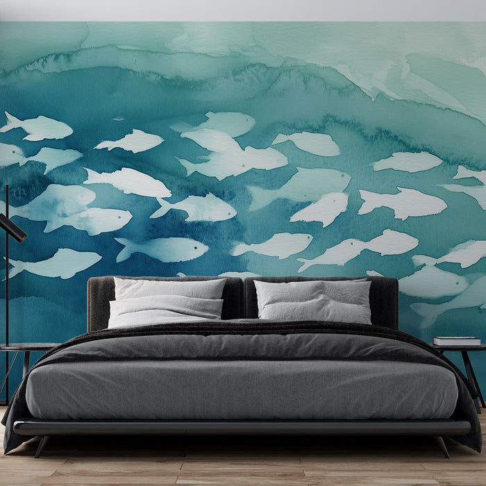 Papier peint poissons | Motif aquarelle bleu et blanc