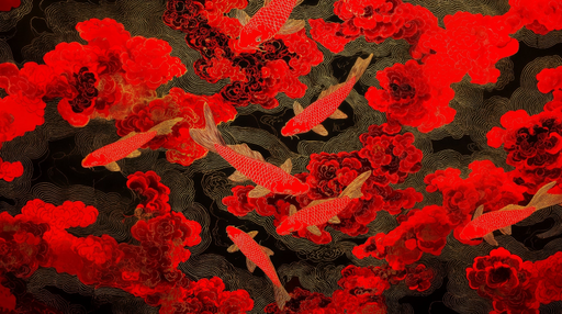 Papier peint carpes koi Rouge et Noir avec Nuages Abstraits