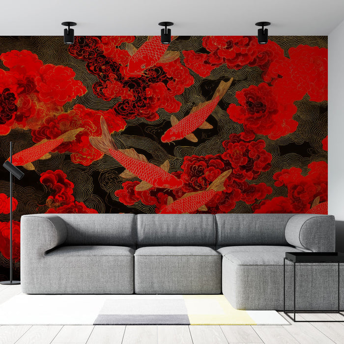 Papier peint carpes koi | Rouge et Noir avec Nuages Abstraits