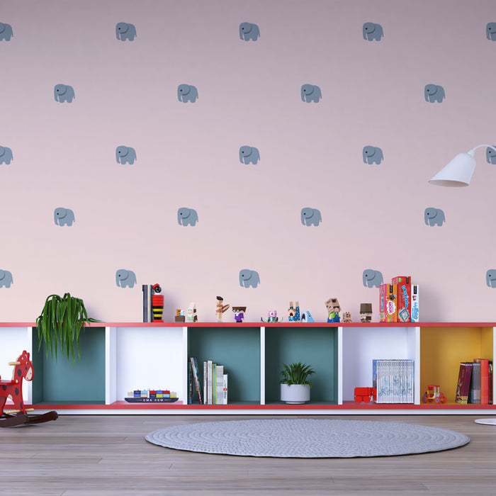 Papier peint chambre enfant avec éléphants bleus sur fond rose pour décoration ludique et colorée